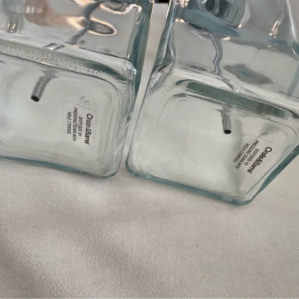 Crate & Barrel Barware Pump Top Liquor Decanters Set Of 2 Vodka & Bourbon